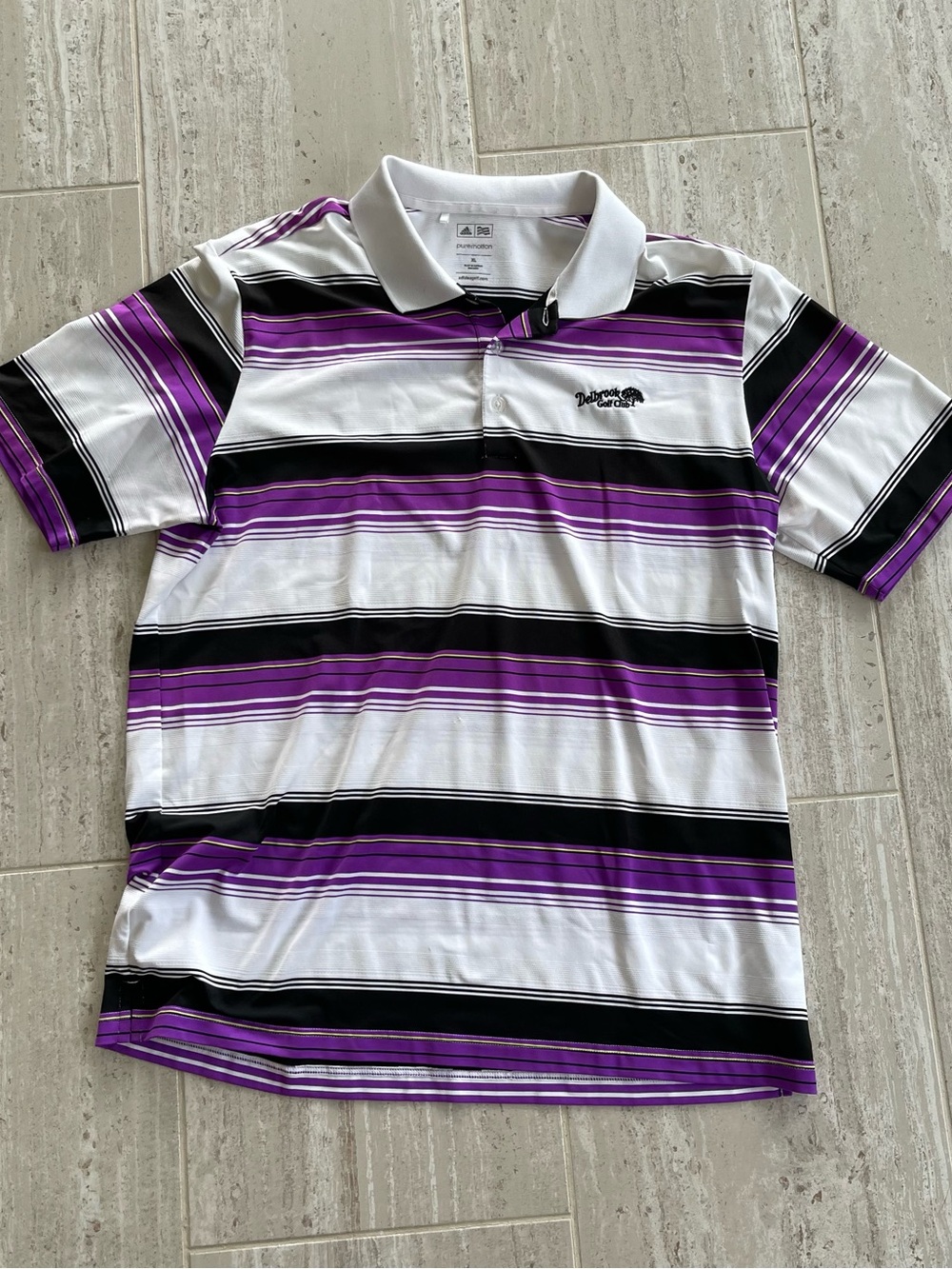 Adidas Golf Delbrook Golf Club Polo Shirt Men's XL Black White Purple Striped